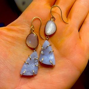 Melissa Joy Manning 14k rose gold moonstone and lavender druzy agate earrings.
